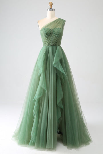 Dark Green Tulle A-Line One-Shoulder Long Ball Dresses